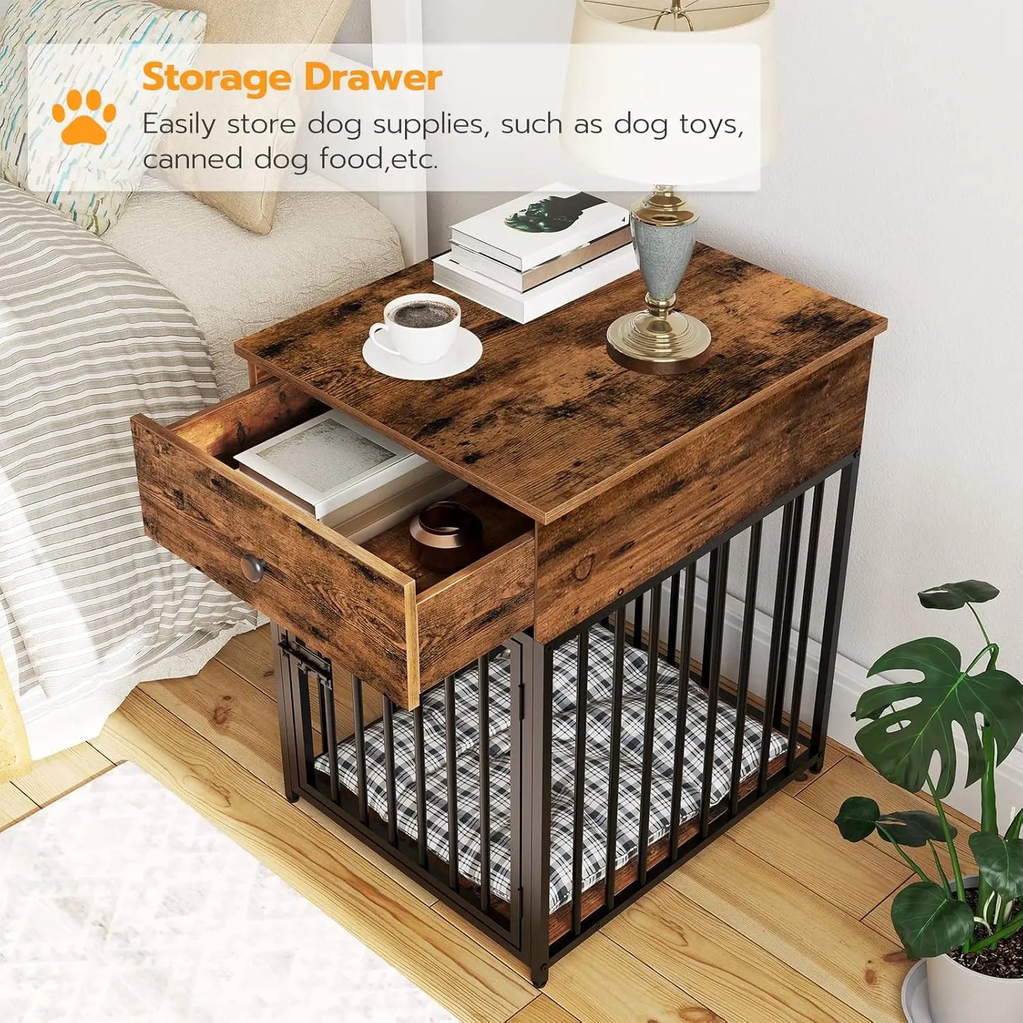 HOOBRO Dog Crate Furniture, Wooden Dog House, Decorative Dog Kennel with Drawer, Indoor Pet Crate End Table for Small Dog, Steel