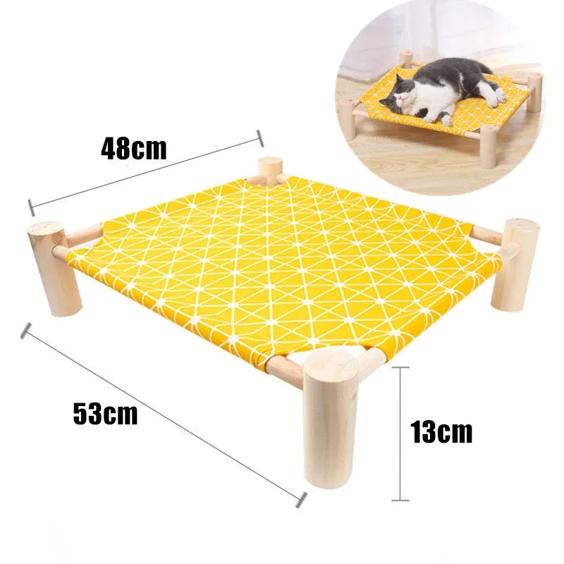 Elevated Hammock Wooden Frame Pet Bed yellow geometric with sizes