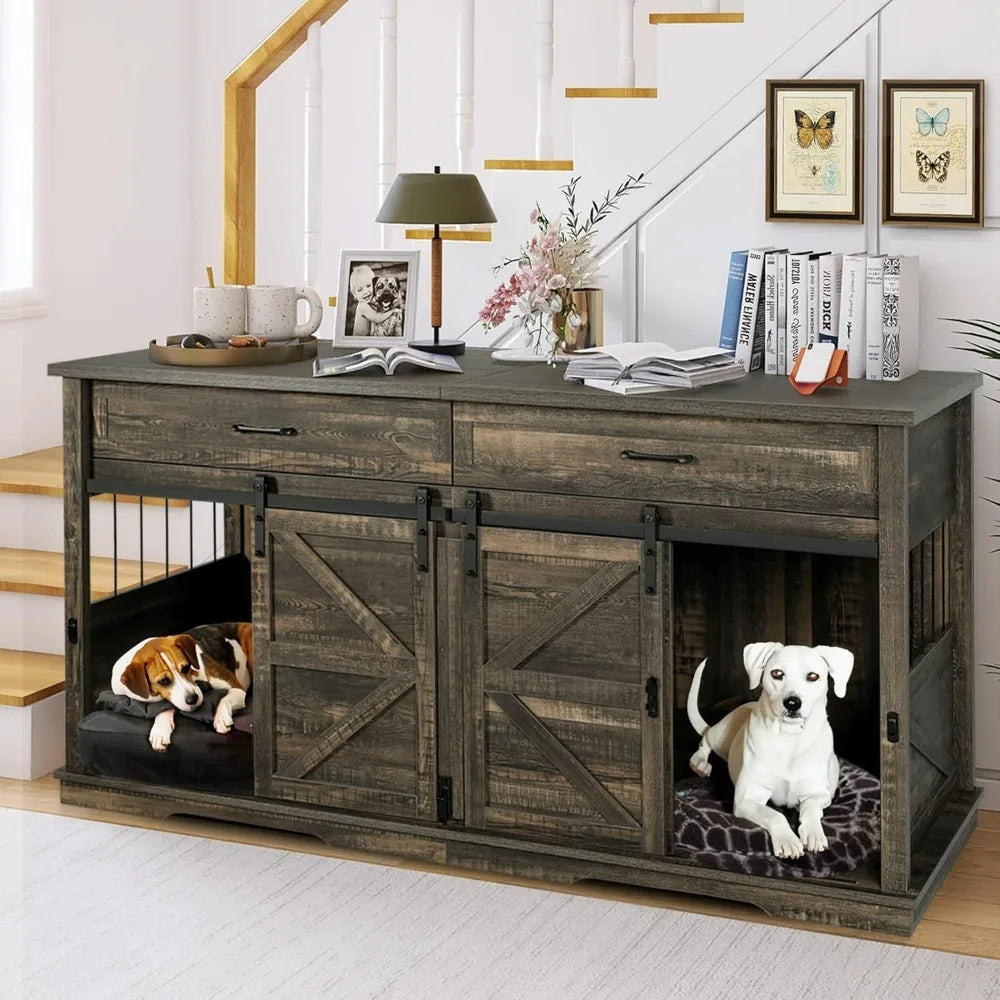 Dog Crate, Double Pet Crate for Large Dog with Divider, Wood Kennel Indoor Cages Kennel Furniture with 2 Drawers, Dog Crate