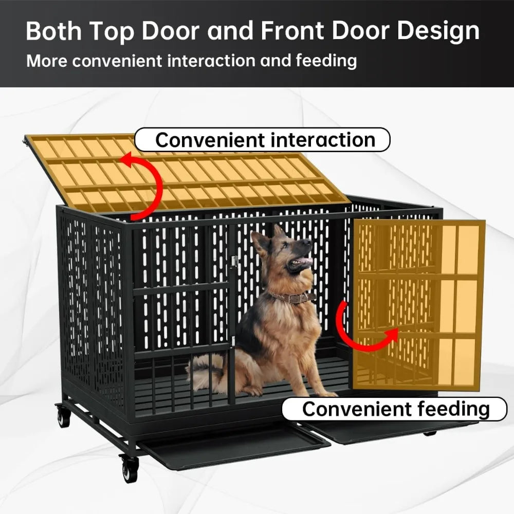 48 Inch Heavy Duty Dog Crate with Wheels, Folding Metal Big Dog Cage, Extra Large XL XXL Indestructible Dog Crate