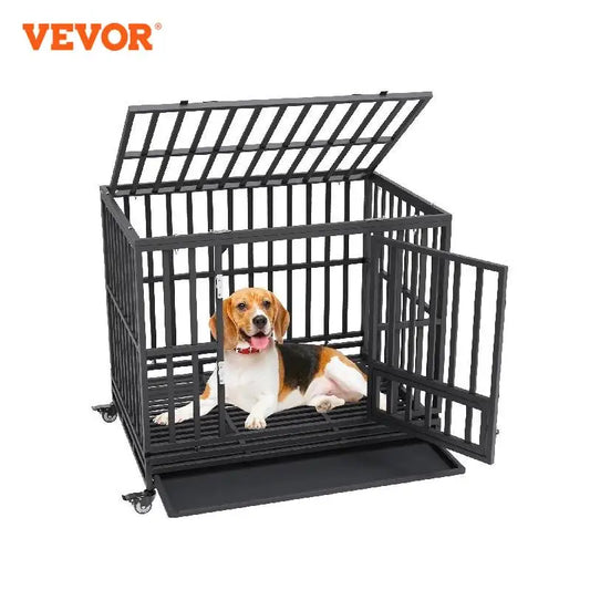 VEVOR 42 Inch Heavy Duty Dog Crate 3-Door Heavy Duty for Medium to Large Dogs with Lockable Wheels and Removable Tray