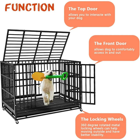 48/38 inch Heavy Duty Indestructible Dog Crate,Escape Proof Kennel with Lockable Wheels,High Anxiety,Extra Large Crate Indoor