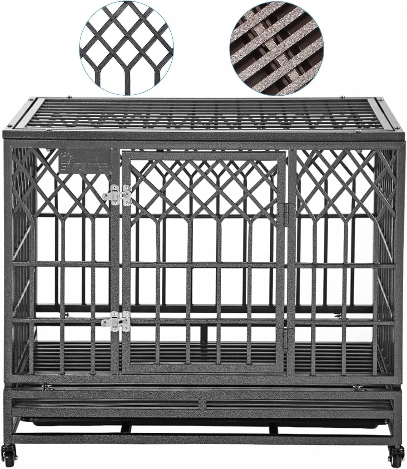 SMONTER Heavy Duty Dog Cage for Large Dog Strong Metal Kennel and Crate Pet Playpen with Three Doors, Four Wheels,38 Inch,