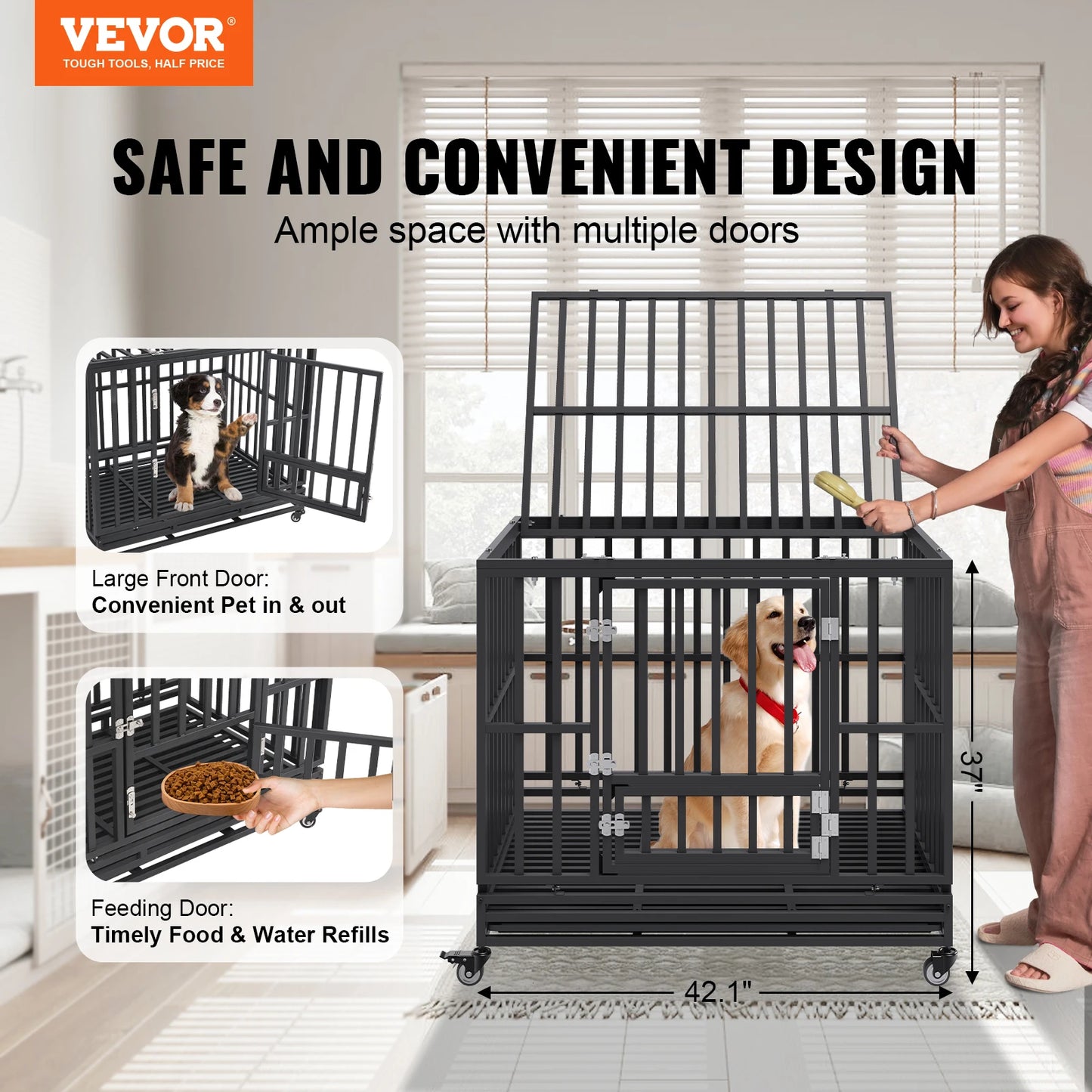 VEVOR 42 Inch Heavy Duty Dog Crate 3-Door Heavy Duty for Medium to Large Dogs with Lockable Wheels and Removable Tray