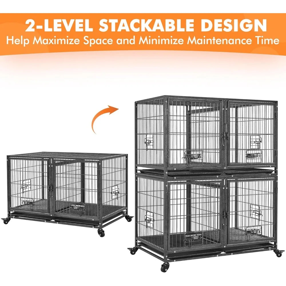 Stackable Dog Crate with Divider 43'' Rolling Heavy Duty Dog Cage with Open Top/ 2 Removable Trays for Small/Medium Dog