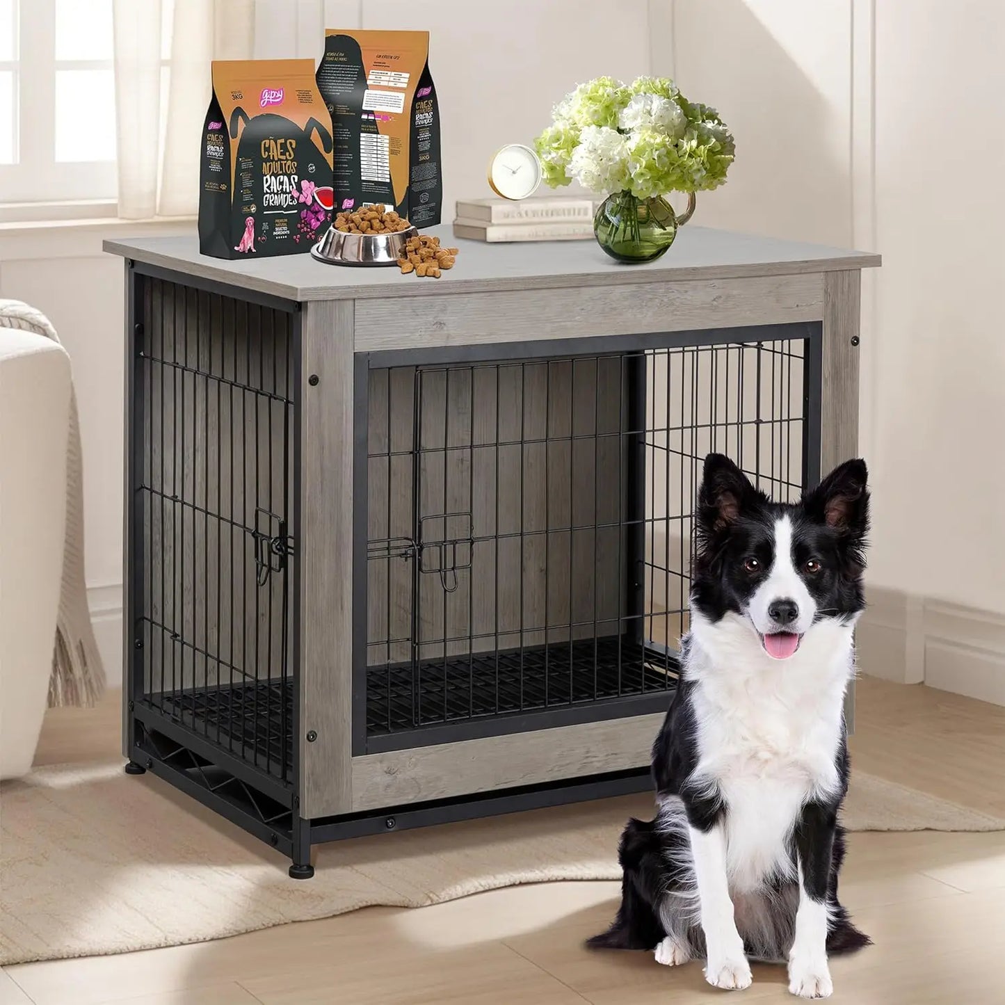 Shintenchi Wooden Dog Crate Furniture for Large Dog, L Double-Door Kennel Indoor with Removable Tray, End Table L Dog Crate for