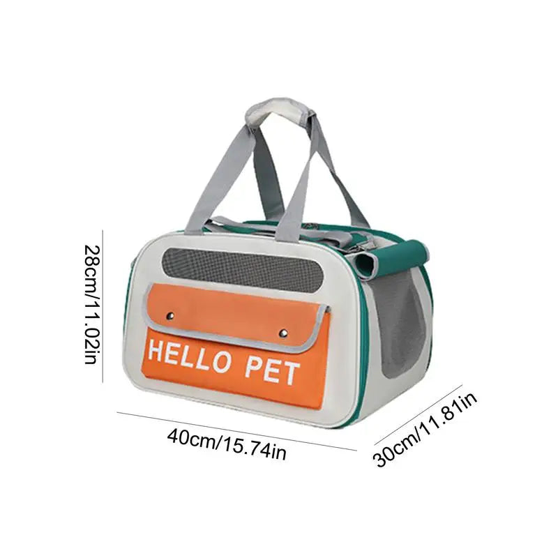 Soft Side Backpack Dog or Cat Carrier in orange & green with size measurements.