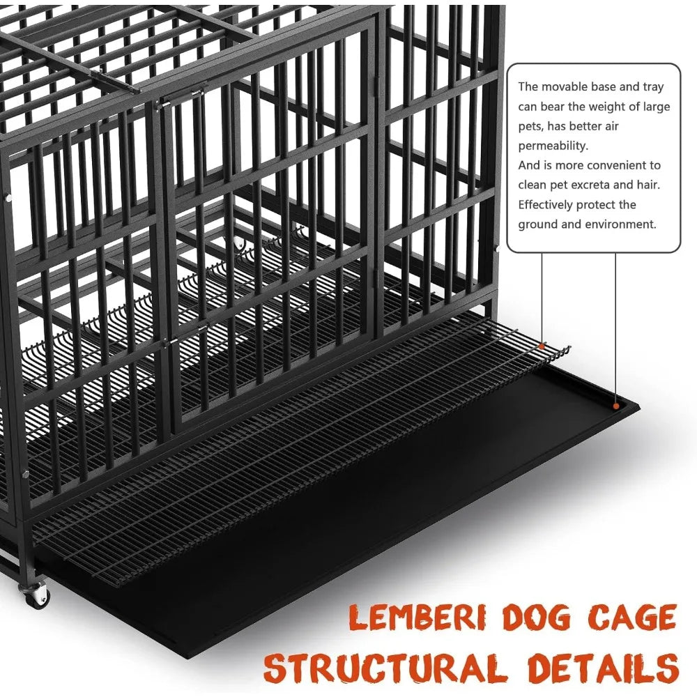 48/38 inch Heavy Duty Indestructible Dog Crate,Escape Proof Kennel with Lockable Wheels,High Anxiety,Extra Large Crate Indoor