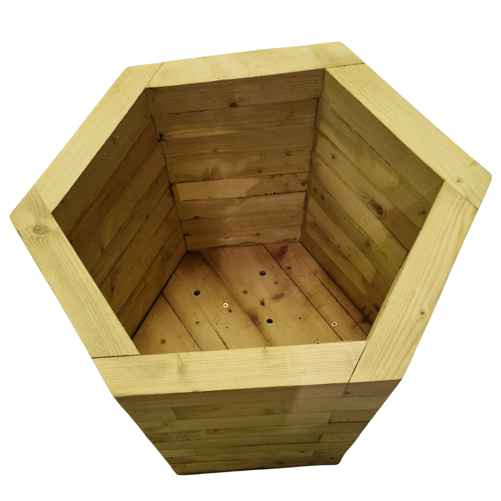 Inside of hexagonal wooden patio planter from Pillar to Post