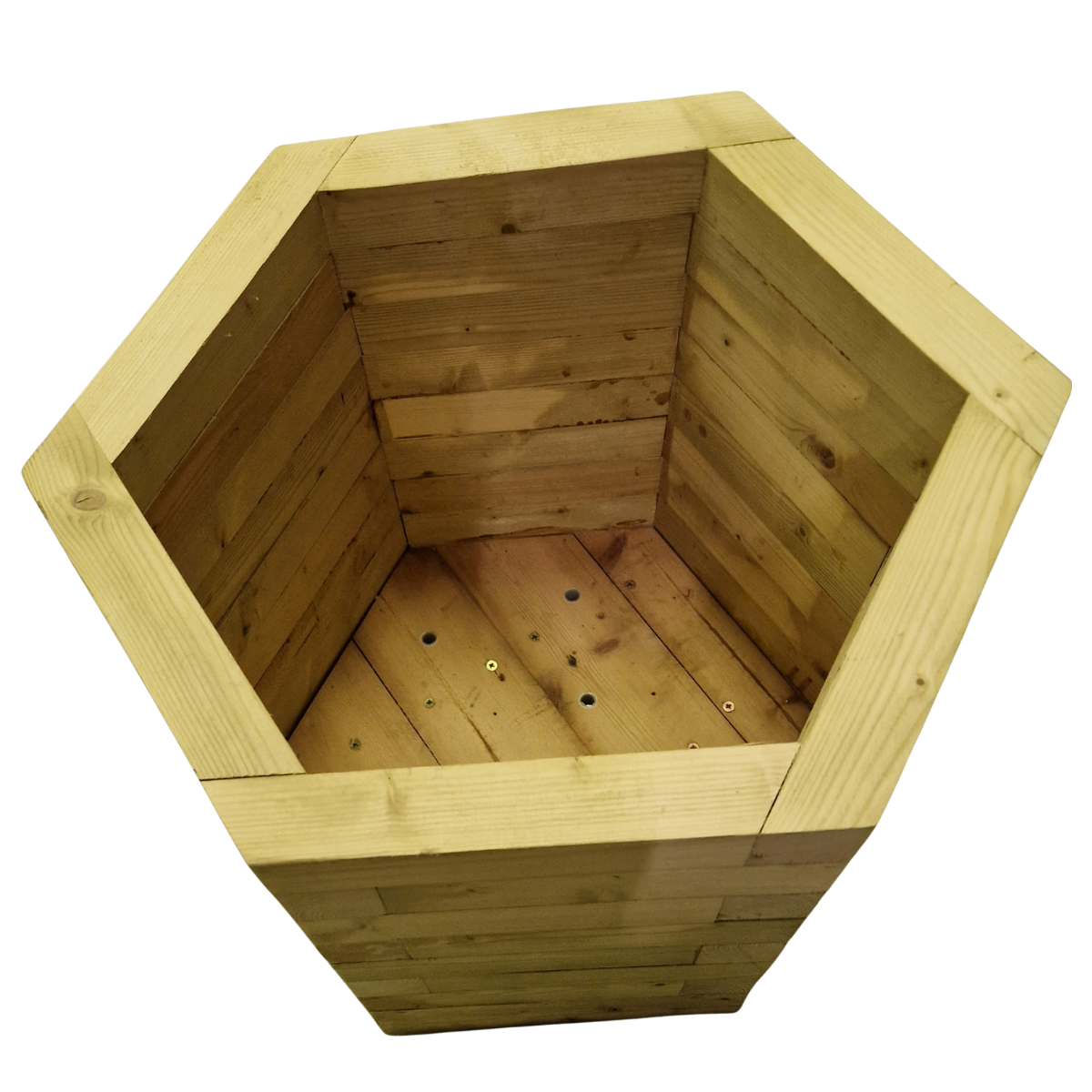 Inside of hexagonal wooden patio planter from Pillar to Post