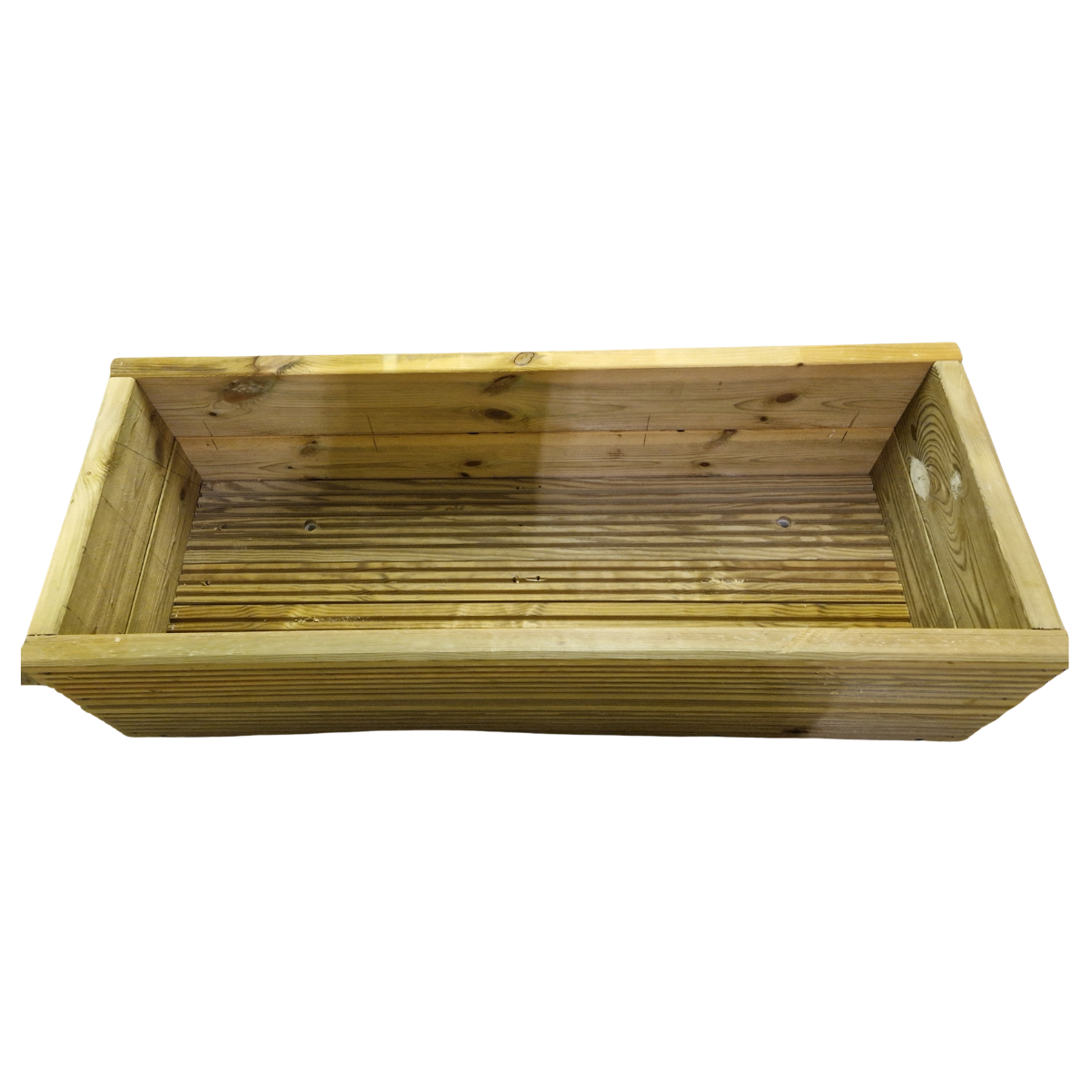 Inside of wooden trough planter unlined from Pillar to Post